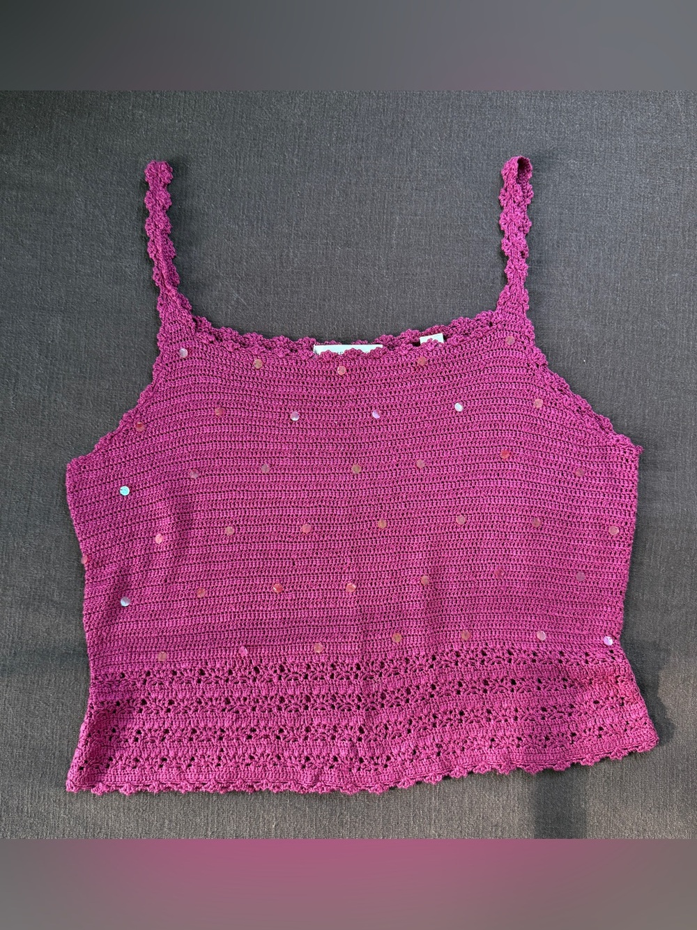 Vintage 90s Y2K Valerie Stevens Berry Pink Silk Blend Crochet Sequin Cami Top XL